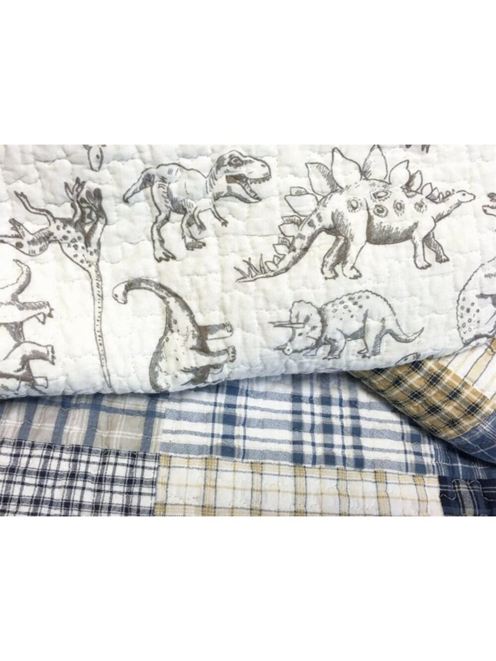 Cozy Dinosaur Plaid Bedding Quilt Set - Navy Blue & Grey, Reversible Twin Size